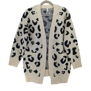 Dreamers Animal Print Cardigan Small Cream Black Open Front Leopard Knit Sweater